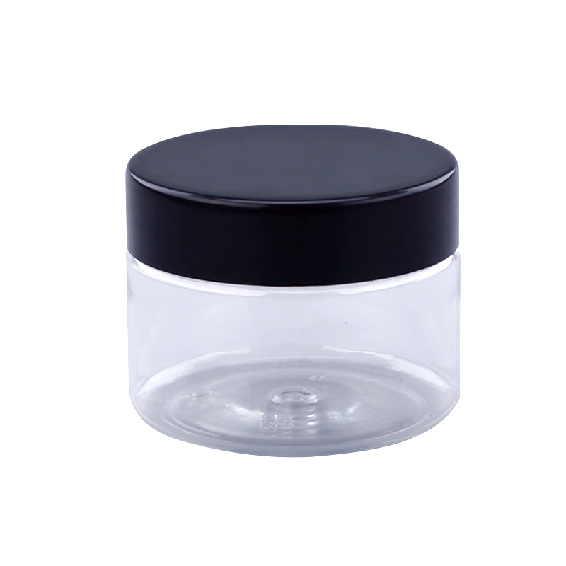 clear cylinder plastic cosmetic cream bottle/jar with black screw cap CO-005
